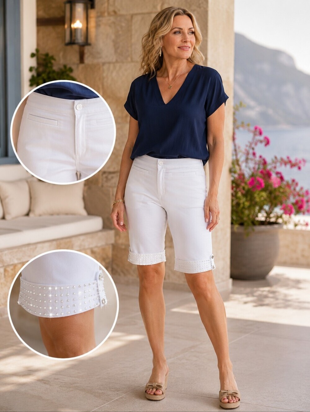 NWOT  JM Collection White Cotton Blend Embellished Skimmers Shorts
